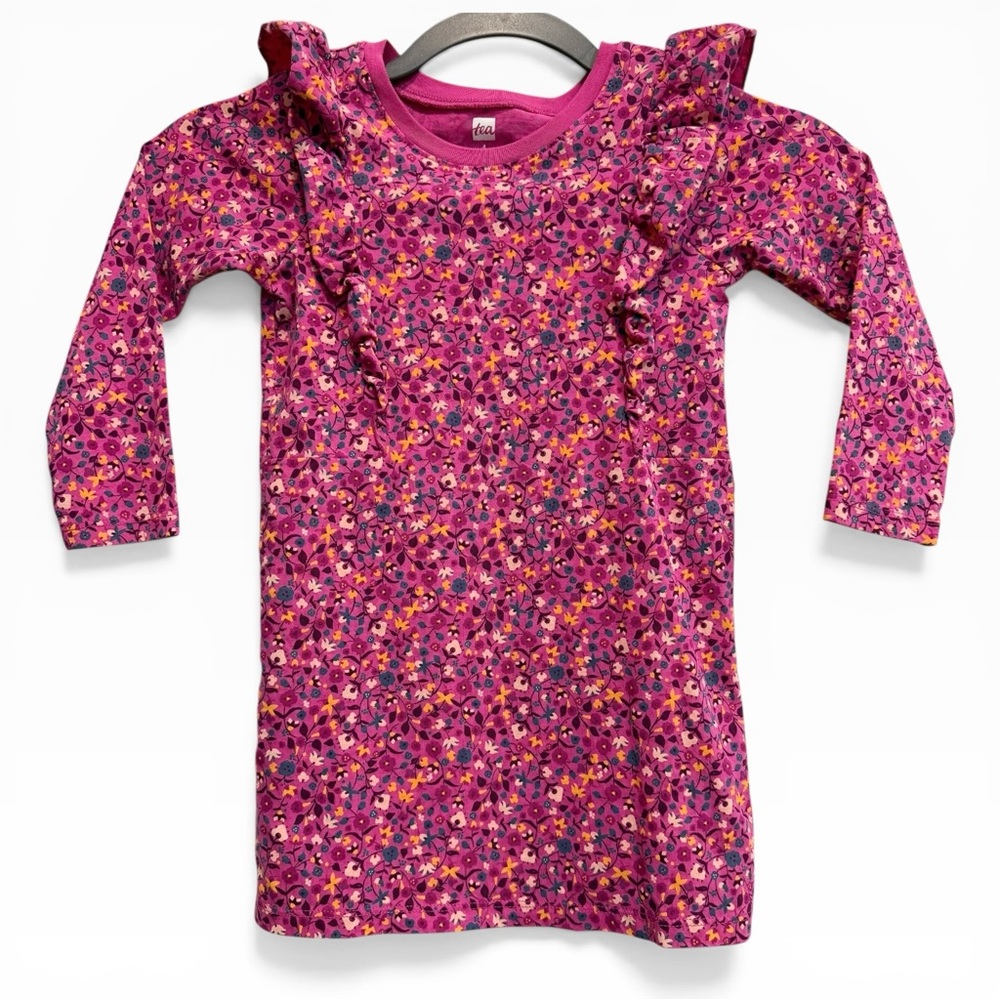 Tea Collection Ruffle‎ Sleeve A-Line Cotton Dress Pink Floral Print Girls 4